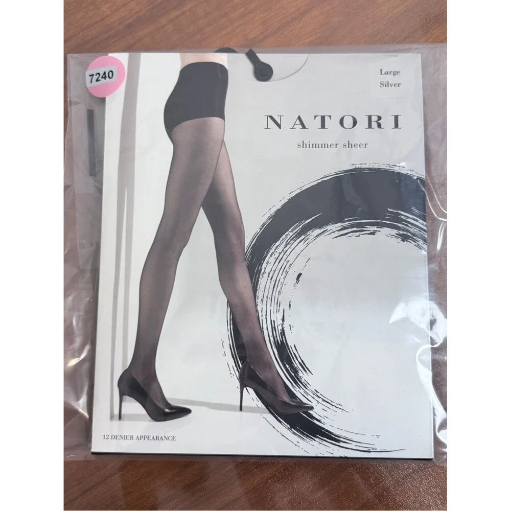Natori Shimmer Sheer Hosiery Tights in Silver L NWT